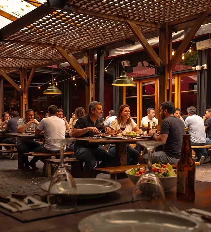 Salón de La Escondida con mesas bajo una pérgola y comensales